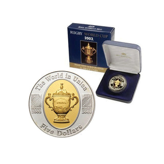 2003 Rugby World Cup $5 Silver Selectively Gold Plated Coin