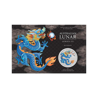 Perth Stamp and Coin Show Special Blue Dragon 2024 Year of the Dragon 1oz Silver Coloured Coin in Card