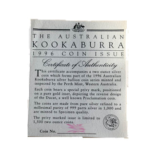 1996 2oz Silver $2 Kookaburra Ducat Privy Mark