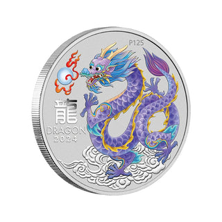 2024 ANDA Sydney Money Expo Lunar Series III 2024 Year of the Dragon 1oz Silver Lilac Coloured Coin In Card