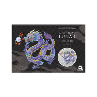 2024 ANDA Sydney Money Expo Lunar Series III 2024 Year of the Dragon 1oz Silver Lilac Coloured Coin In Card