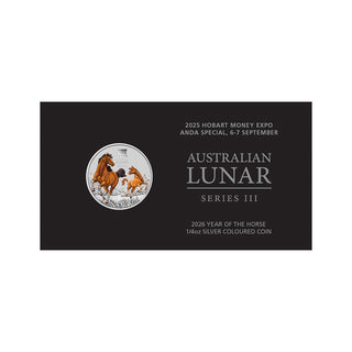 2026 Year of the Horse 1/4oz Silver Coloured Coin in Card Hobart Money Expo