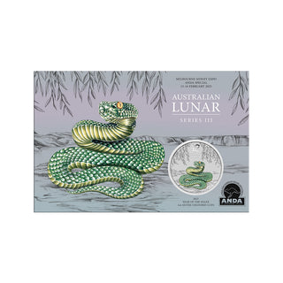 2025 Melbourne Money Expo ANDA Special Year Of The Snake 1oz Silver Coloured Coin In Card